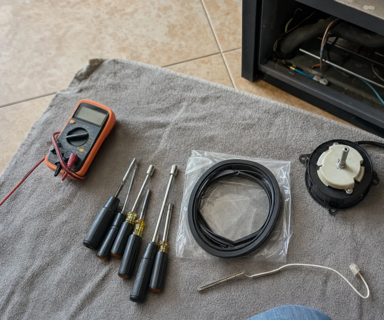 A multimeter, six nut drivers, a bagged black door gasket, a small fan motor and a wired probe laid out on a gray towel beside an opened appliance base