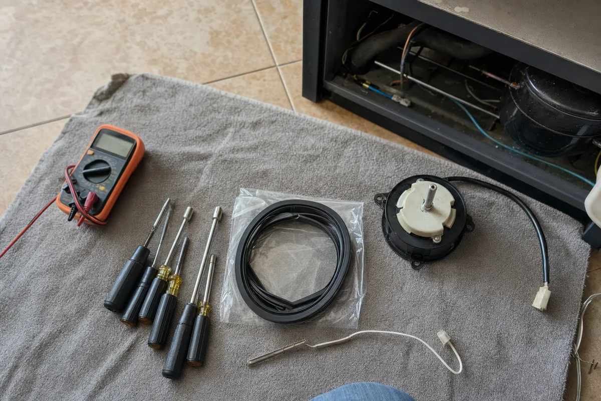 A multimeter, four screwdrivers, a coil of line and a replacement fan motor laid out on a grey cloth in front of the opened lower panel of a built-in wine unit