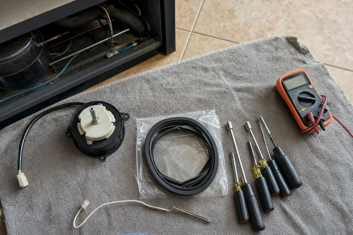 Hand tools and a bagged replacement motor arranged on a service cloth beside an appliance with its lower access panel removed