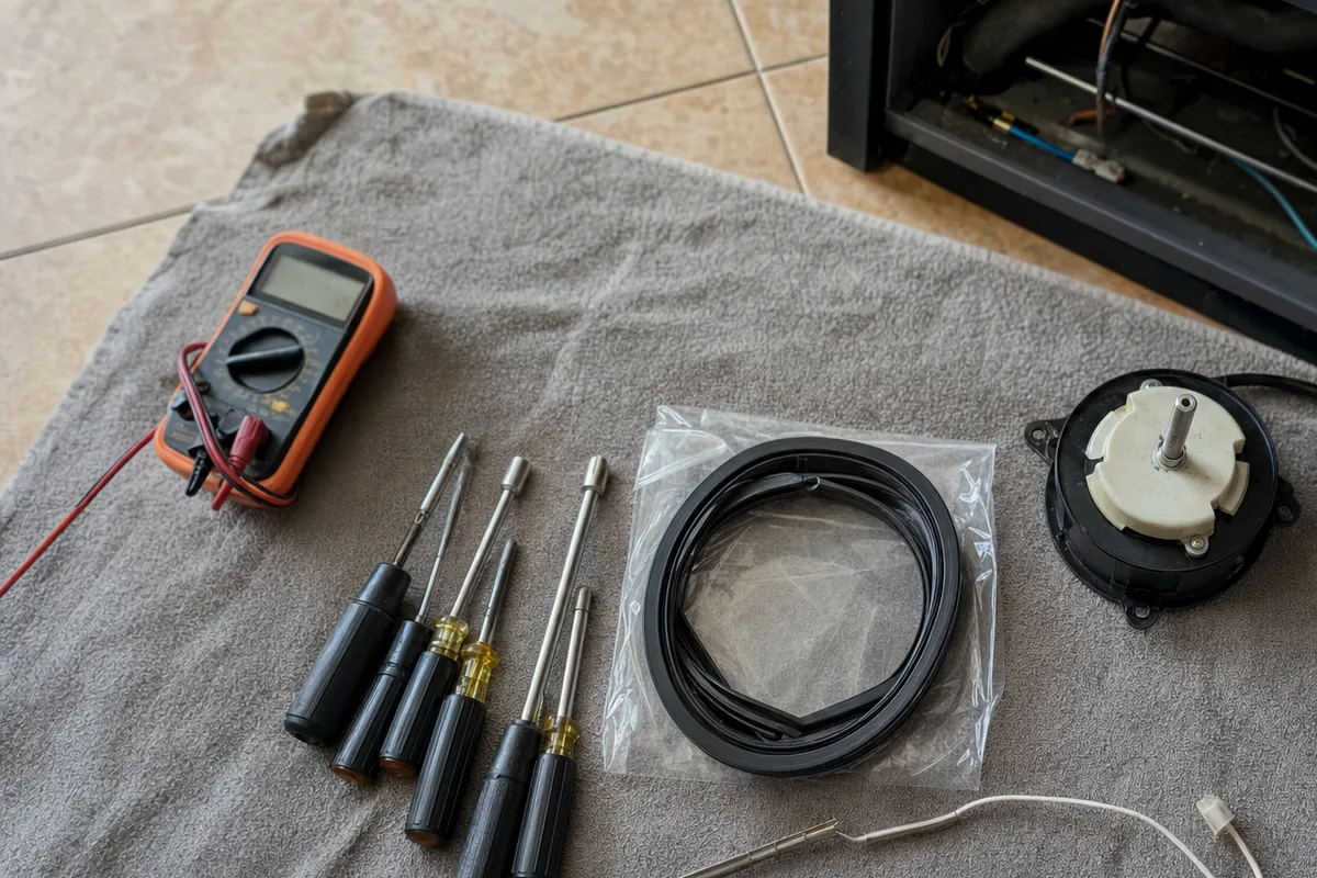 A sealed replacement part in its bag, label upward, next to drivers and a coiled length of line on a work cloth