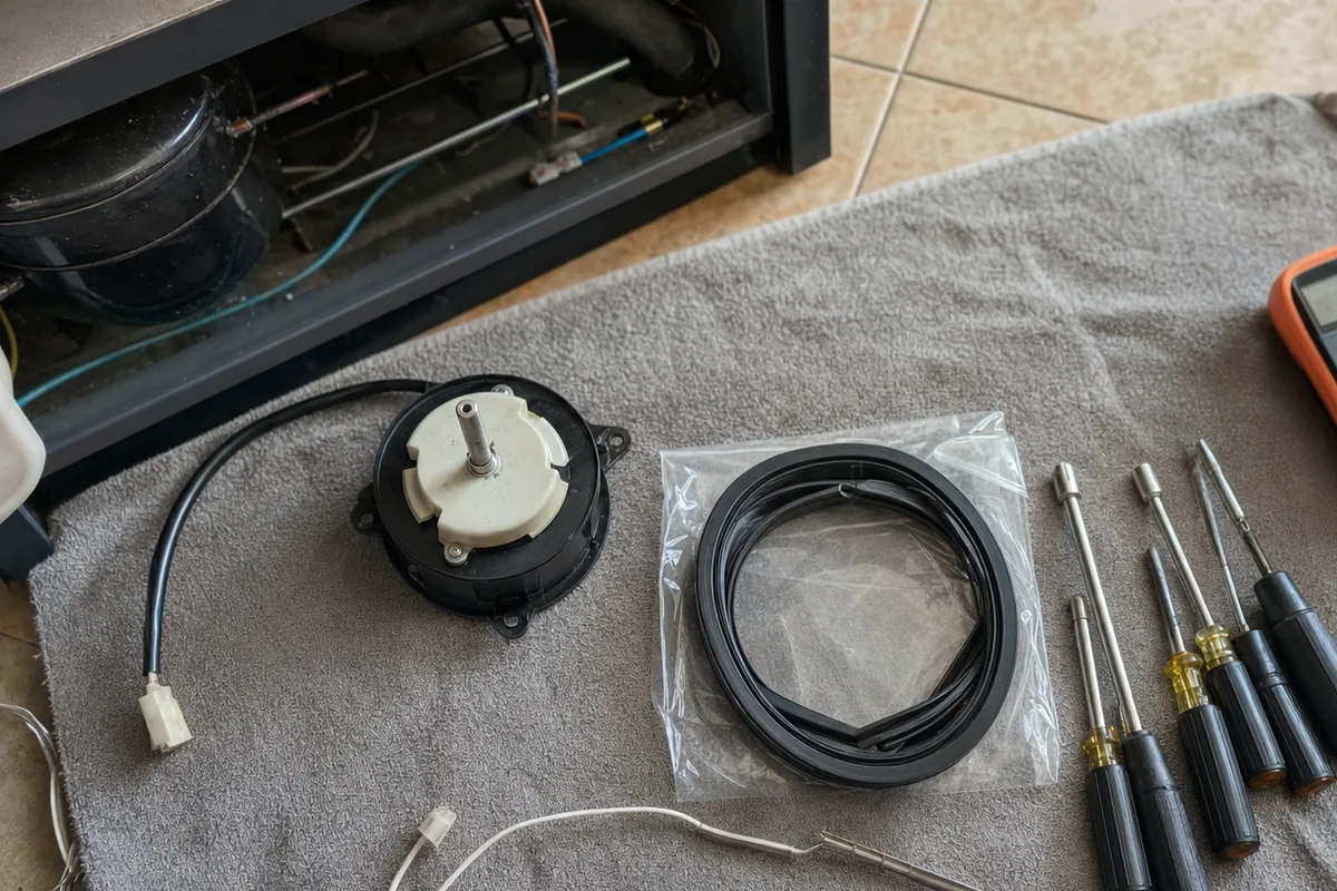 A digital multimeter with its red and black leads resting on a grey cloth, tools ranged beside it before a job begins