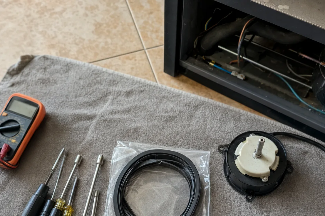A replacement fan motor and a bagged component set out on the cloth with the tools that will fit them