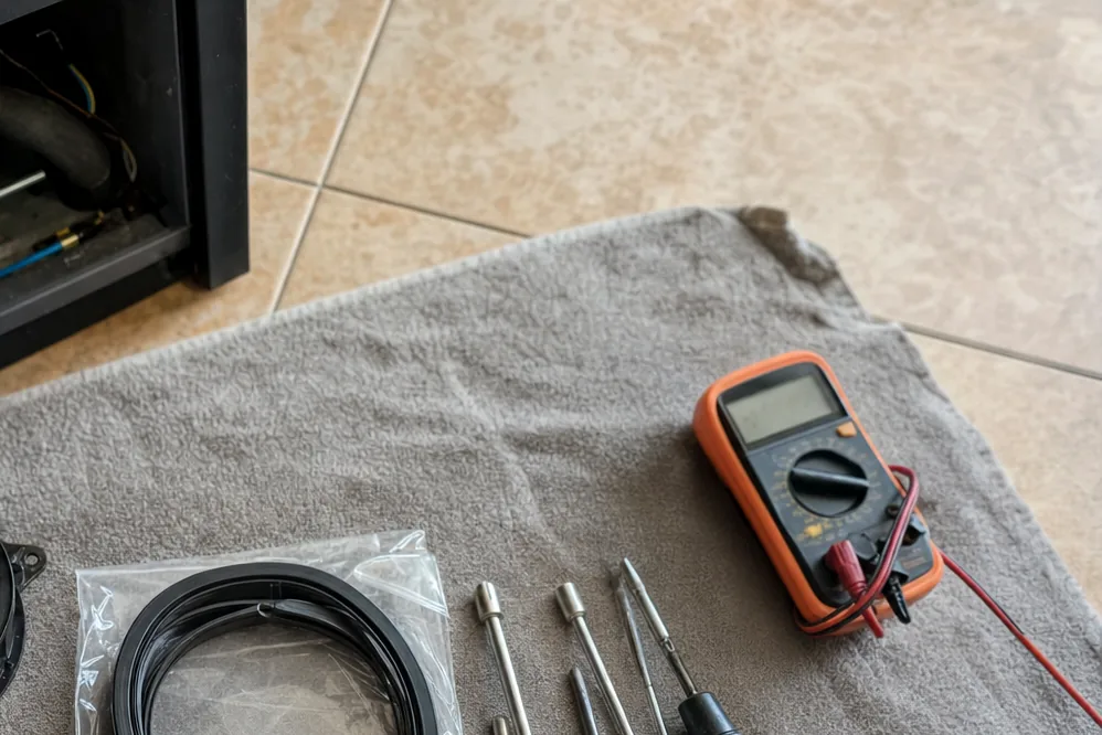 Close view of test leads and a small replacement component lying on a grey work cloth