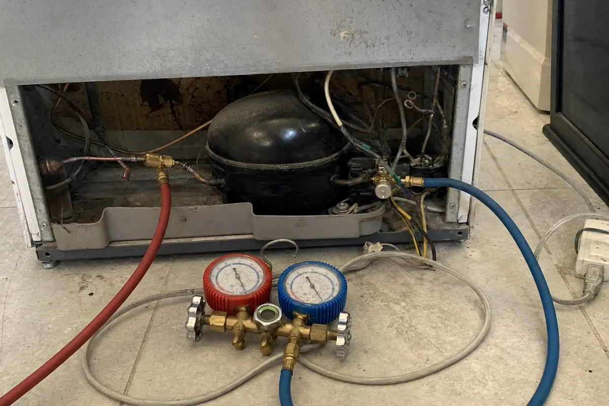 The lower cabinet of a built-in opened to show the compressor, wiring loom and the plug feeding it