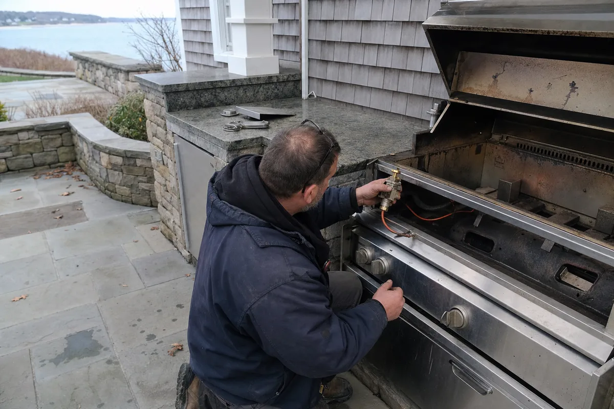 A technician crouched at a built-in stainless outdoor grill with its hood raised, working on the burner assembly, water and a shingled house behind him