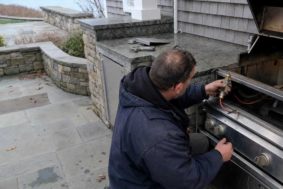 A waterfront patio with a built-in outdoor kitchen, the grill hood up and a technician at work in front of it