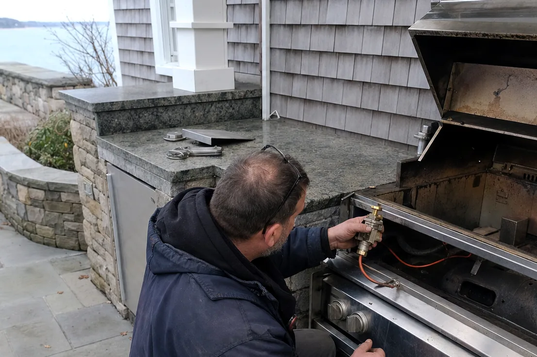 The open interior of an outdoor grill: burner tubes, heat plates and the technician’s gloved hand