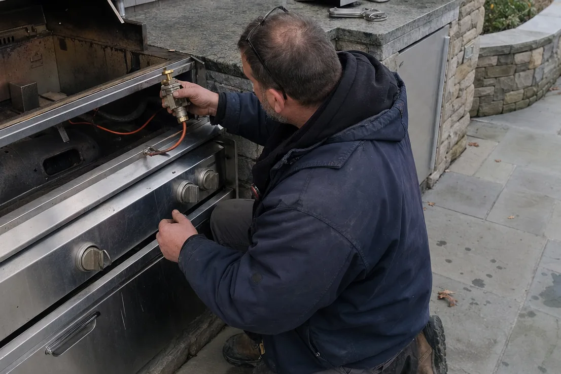 A technician in a dark jacket working at an outdoor grill built into a stone counter, the water visible behind him